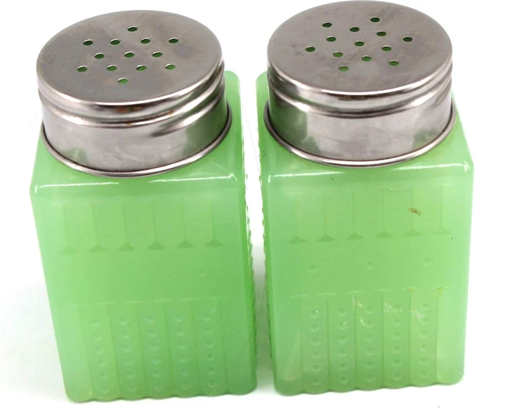 Vintage Jadeite TPC Glass Salt & Pepper Shakers Light Green Opaque • Silvertone